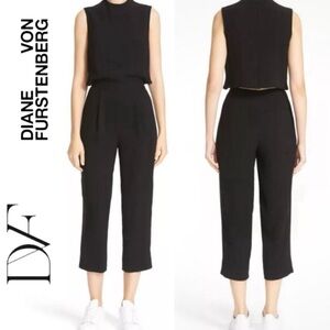 DIANE VON FURSTENBERG Tali Crop Top Open Back Cropped Wide Leg Jumpsuit black,12